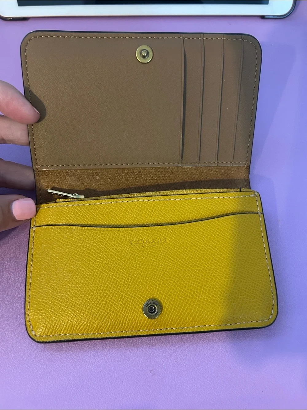 Coach Yellow Leather Compact Wallet with Gold 'C' Accent